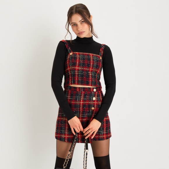 Lulus Adorably Posh Navy Blue And Red Plaid Tweed Top - Size L - Picture 1 of 1